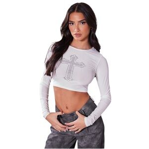 🆕 PRETTYLITTLETHING Petite White Slinky Diamante Cross Crop Top SIZE 6